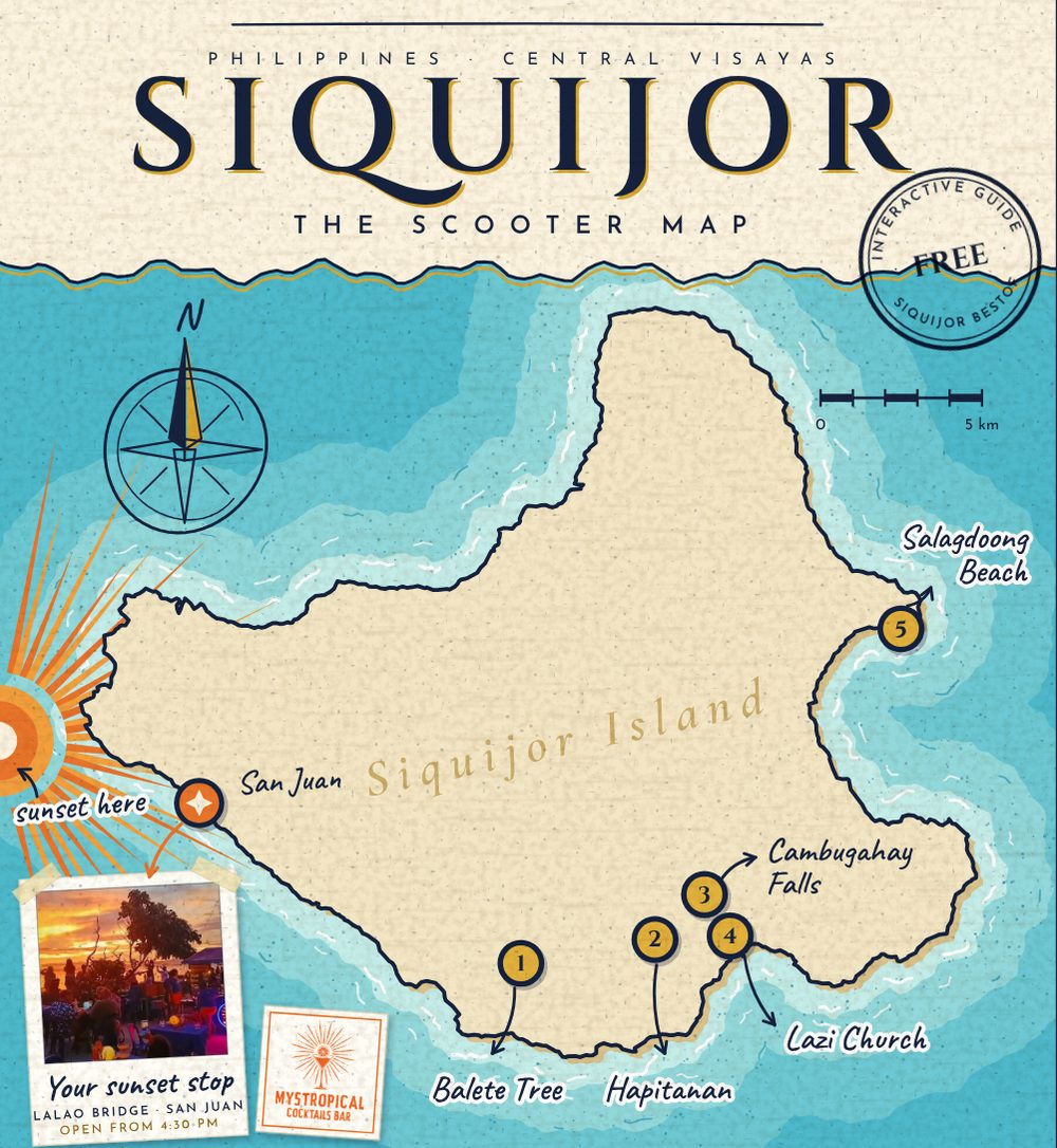 Carte illustrée de Siquijor : la route côtière, les chutes de Cambugahay, l’église de Lazi, la plage de Salagdoong et San Juan.